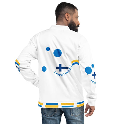 Good Wishes 365 white bomber jacket with blue and yellow Finnish cross and polka dot print worn by a man from behind