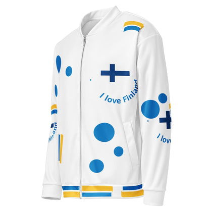 Good Wishes 365 white bomber jacket featuring blue and yellow Finnish cross and polka dot graphics, unisex fit.