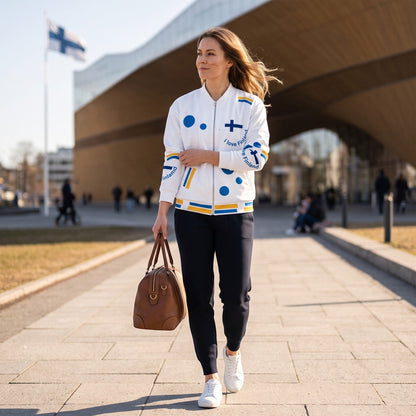 Good Wishes 365 unisex bomber jacket with Finland-themed print, worn by a woman walking outdoors in a city setting.