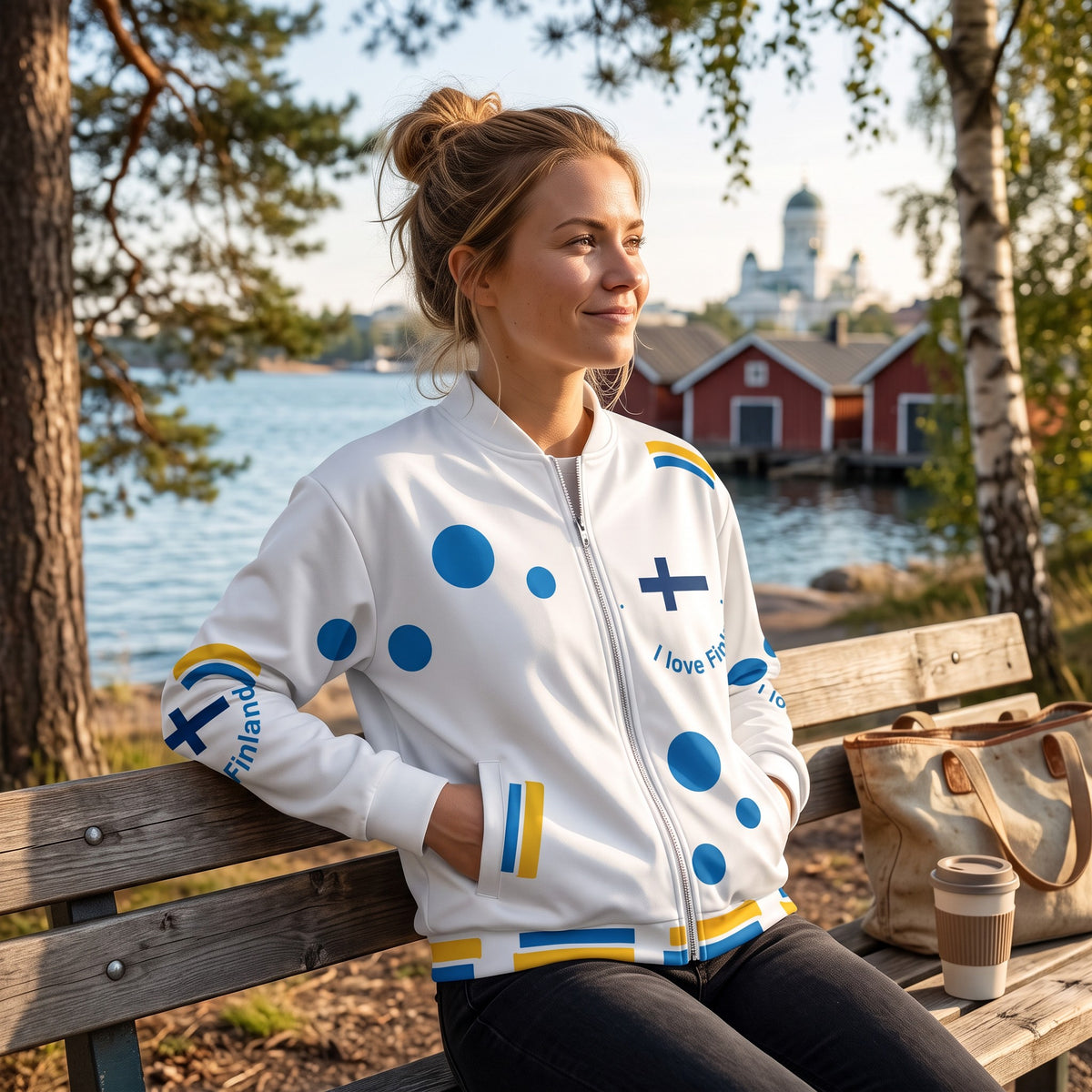 Good Wishes 365 white bomber jacket with blue and yellow Finnish flag motifs, worn by a woman on a park bench.