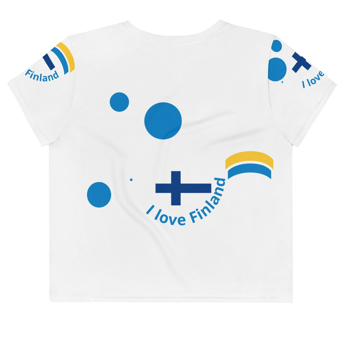 Good Wishes 365 white crop tee with blue and yellow I Love Finland graphic print, back view.