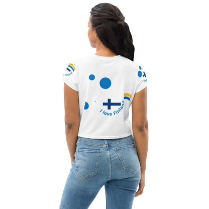 Good Wishes 365 white crop tee with blue and yellow Finland graphic print, worn by a woman with jeans, back view.
