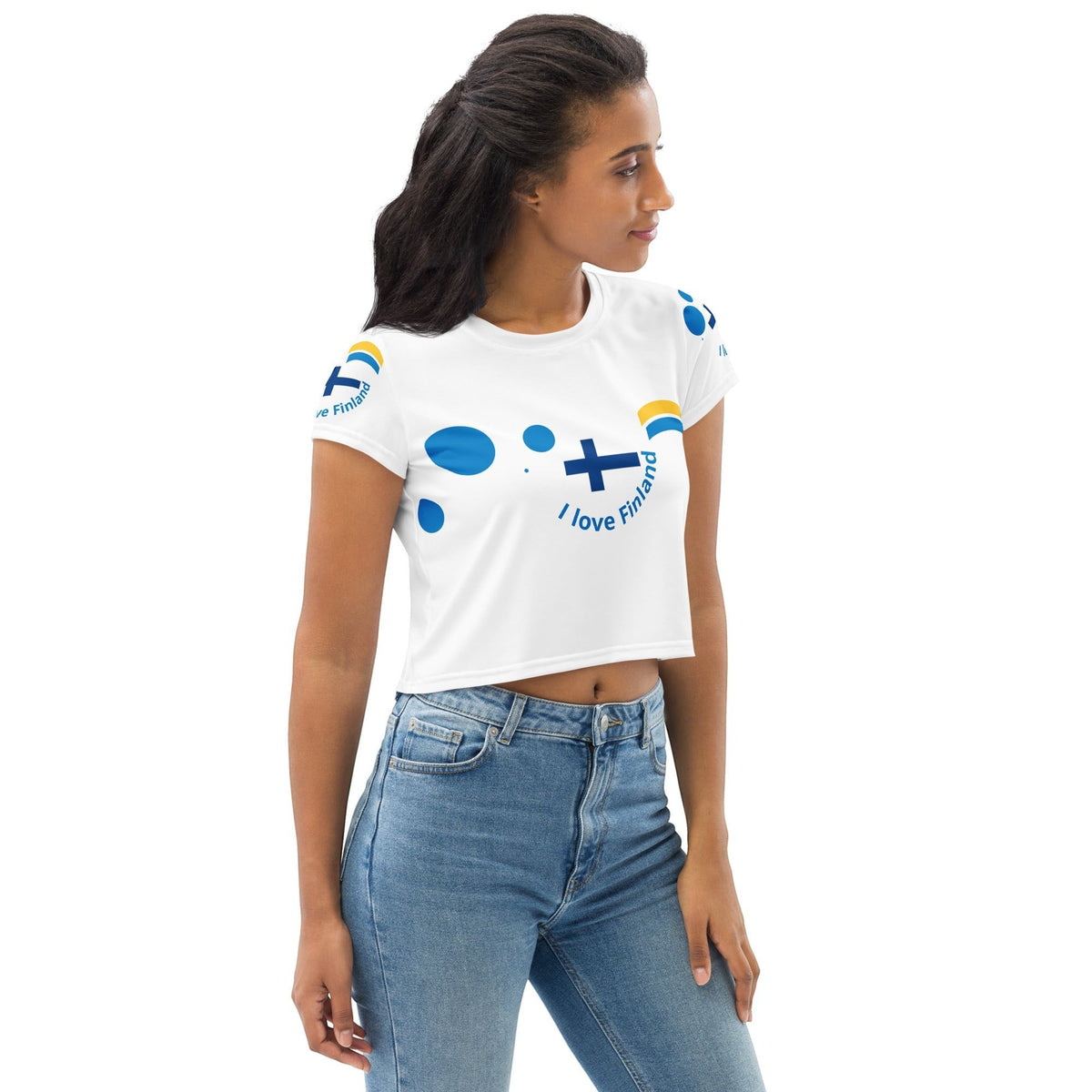 Good Wishes 365 white cropped t-shirt with blue and yellow I Love Finland graphic print worn by a model