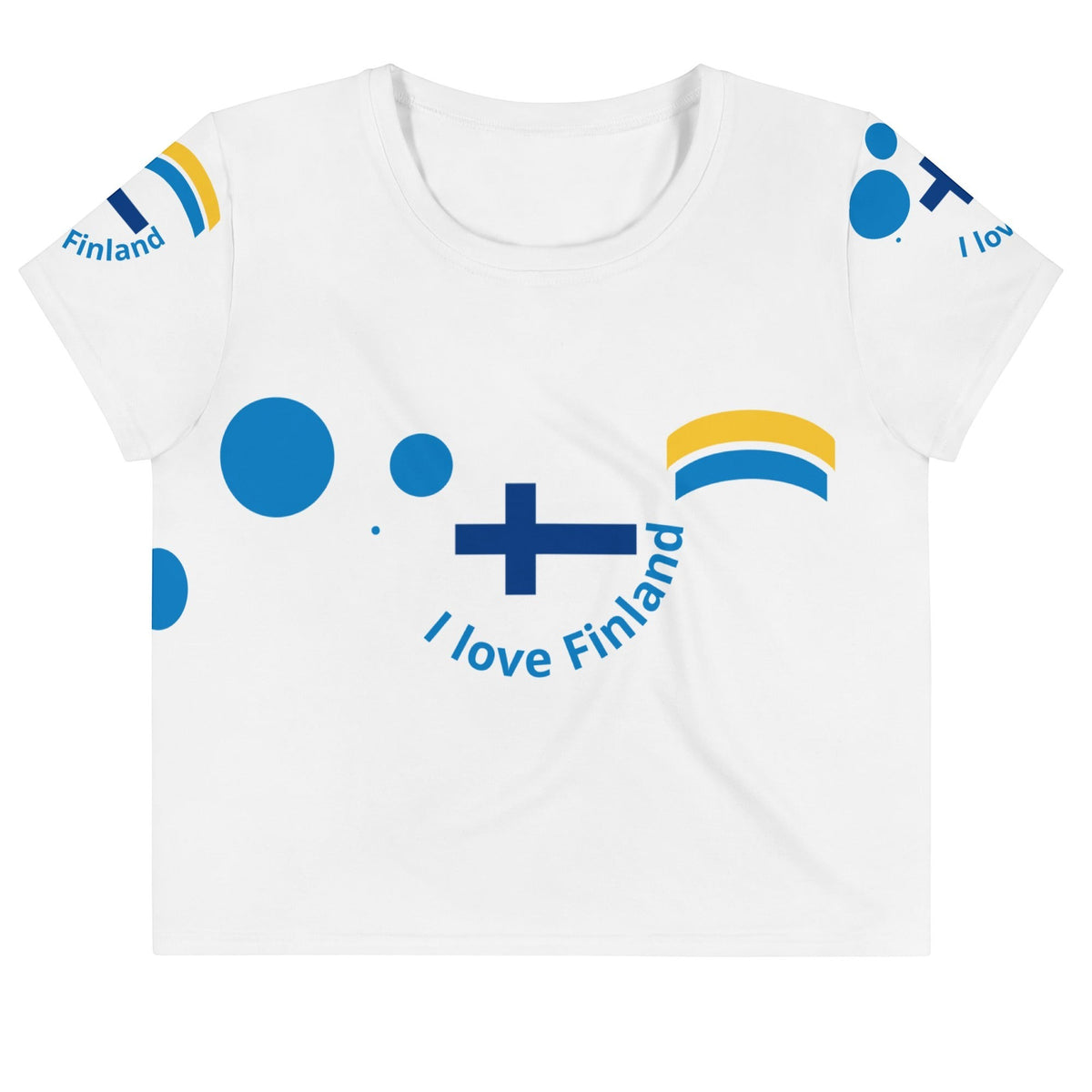 Good Wishes 365 white short sleeve crop top featuring blue and yellow Finland graphic print and crew neck