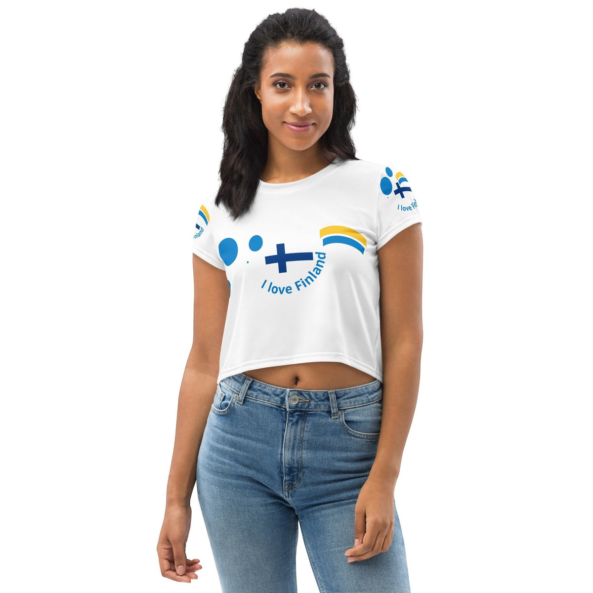 Good Wishes 365 white crop tee with blue and yellow I Love Finland graphic print worn by a woman with jeans.