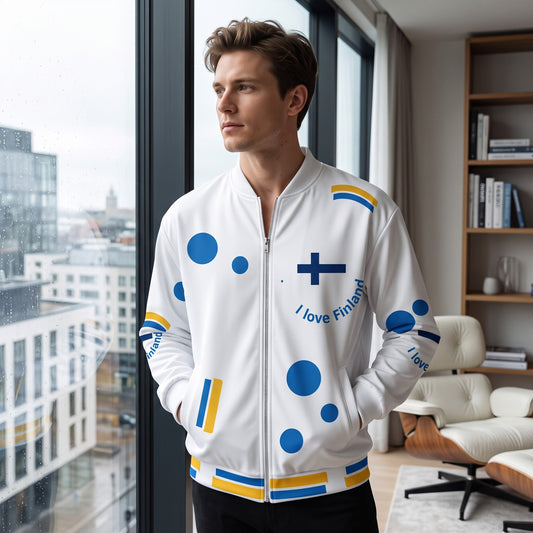 Good Wishes 365 unisex bomber jacket with white base, blue Finland flag, and geometric circle and stripe print.