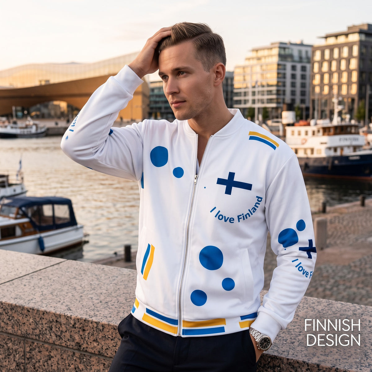 Good Wishes 365 unisex bomber jacket with white base and blue and yellow Finnish design icons, worn by a man outdoors.