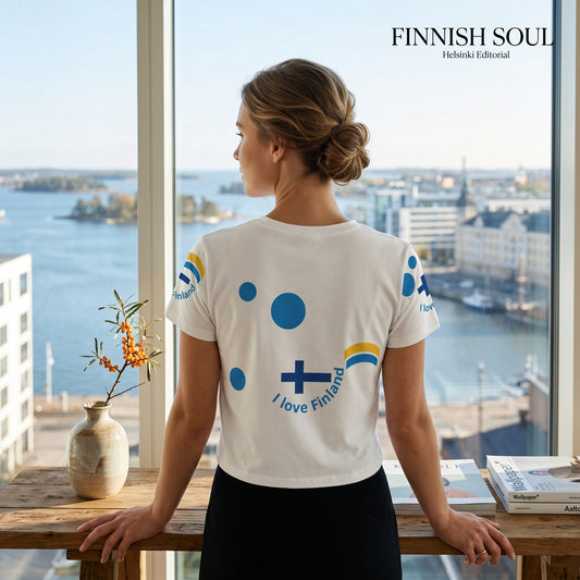 Good Wishes 365 white crop tee with Finnish flag and blue dot graphics, worn by a woman looking out a window.