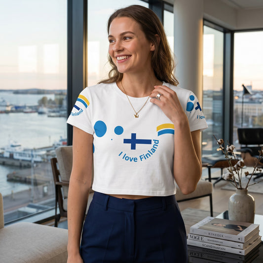 Good Wishes 365 white crop tee with Finnish flag and I love Finland text worn by a smiling woman in a bright room.