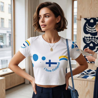 Good Wishes 365 white crop tee featuring a blue Finnish flag design and I love Finland text worn by a woman