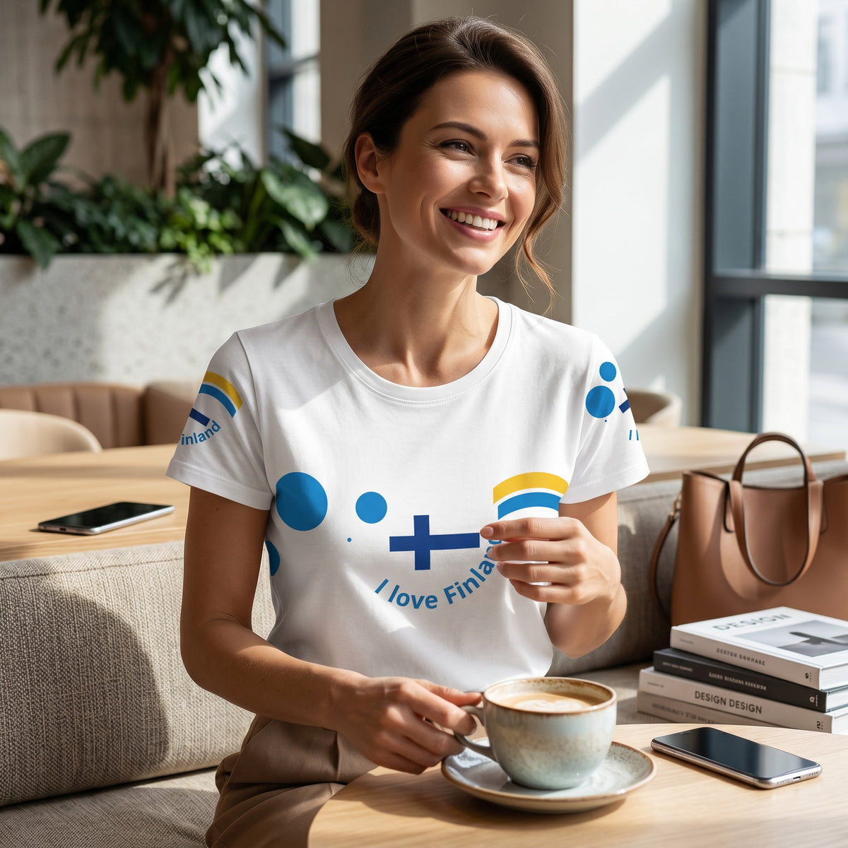 Good Wishes 365 white crop tee with Finnish flag inspired graphics, worn by a smiling woman in a cafe.