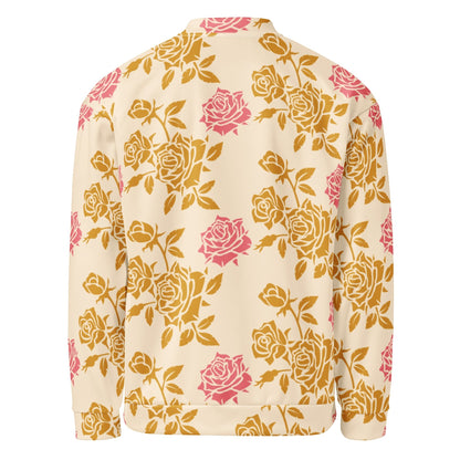 Back view of Good Wishes 365 unisex bomber jacket in cream with vintage pink and golden rose floral print