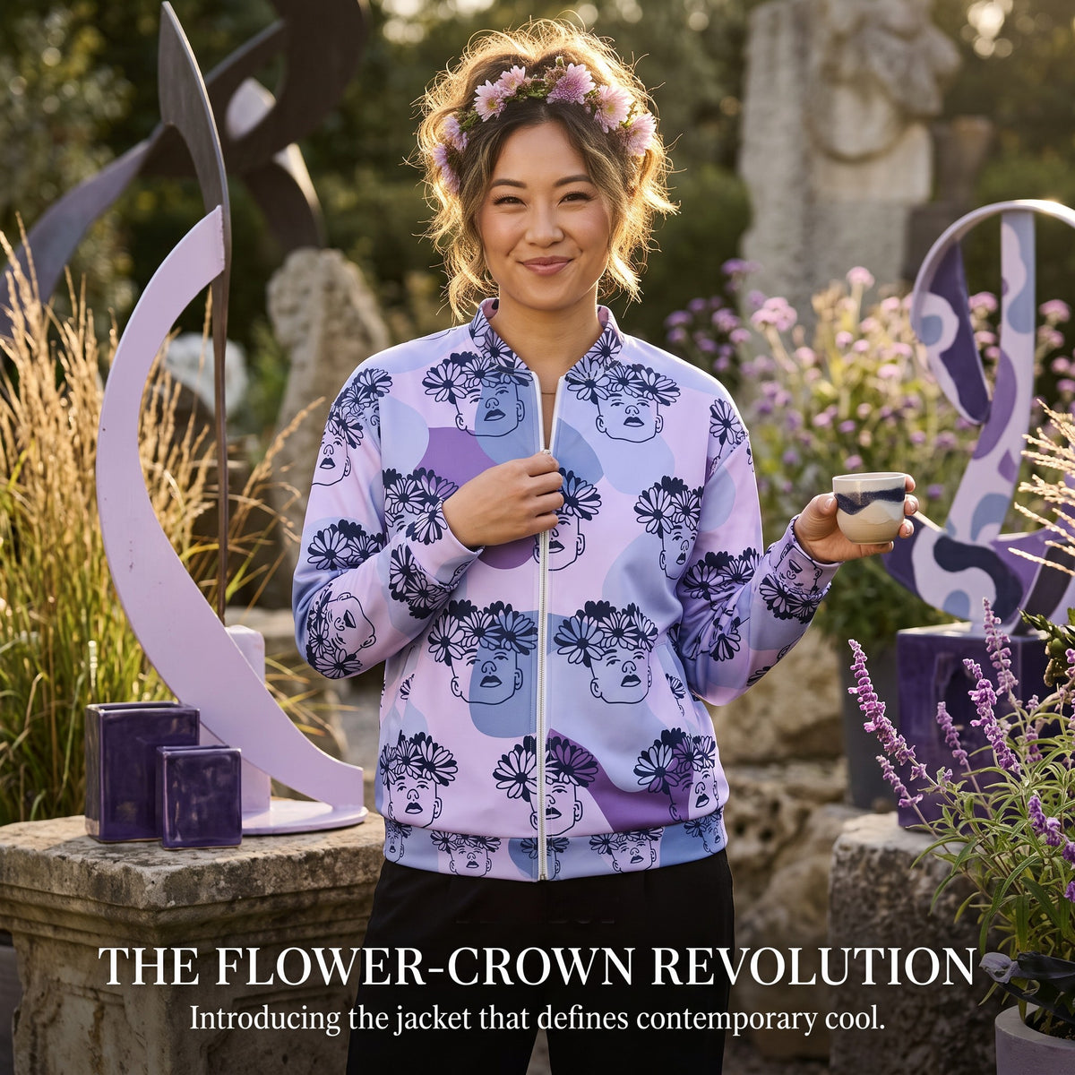 Good Wishes 365 unisex bomber jacket with purple floral print, silver zipper, and brushed fleece lining on a woman.