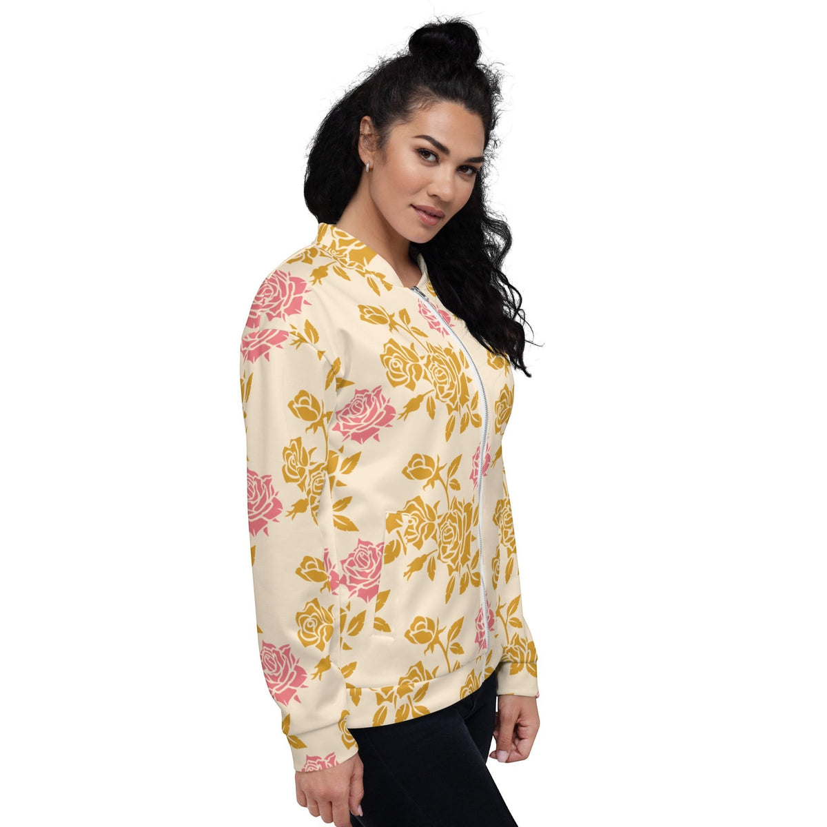 Good Wishes 365 unisex bomber jacket in cream with pink and golden vintage rose floral print and ribbed collar