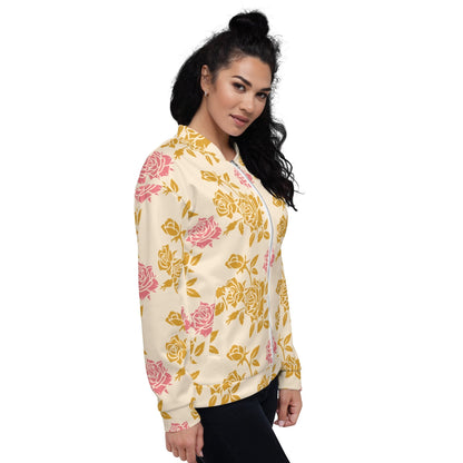 Good Wishes 365 unisex bomber jacket in cream with pink and golden vintage rose floral print and ribbed collar