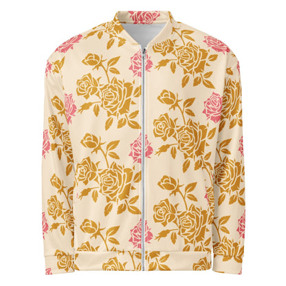 Good Wishes 365 unisex bomber jacket in cream with an all-over vintage golden and pink rose floral print