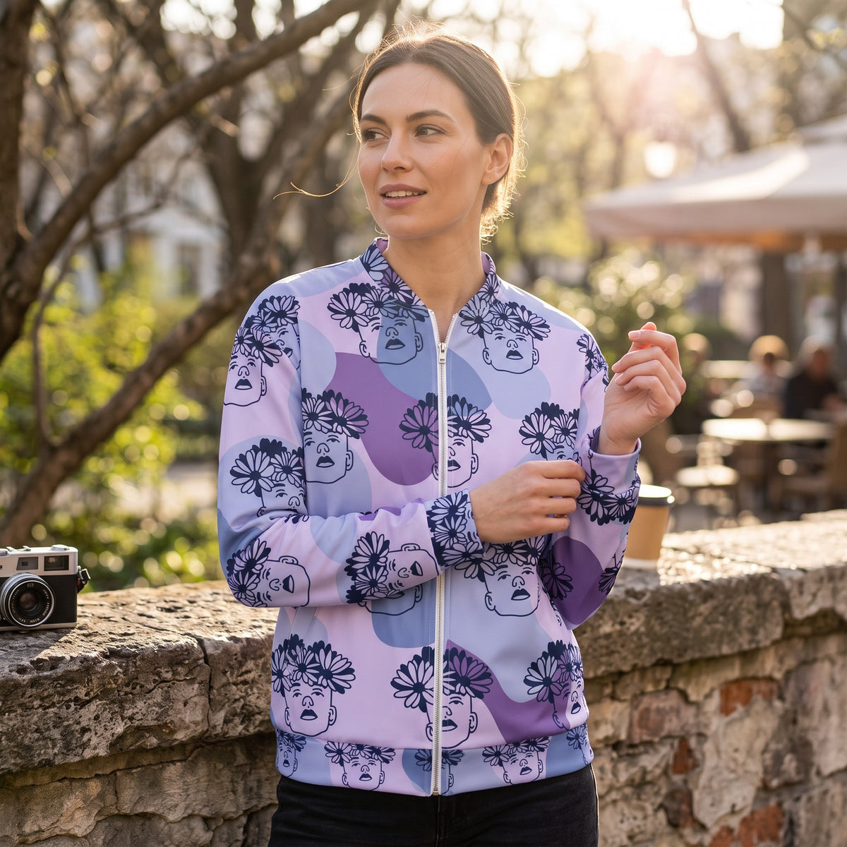 Good Wishes 365 unisex bomber jacket with purple and blue floral boy print, featuring a silver zipper and fleece lining