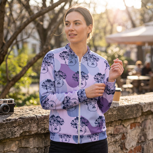 Good Wishes 365 unisex bomber jacket with purple and blue floral boy print, featuring a silver zipper and fleece lining