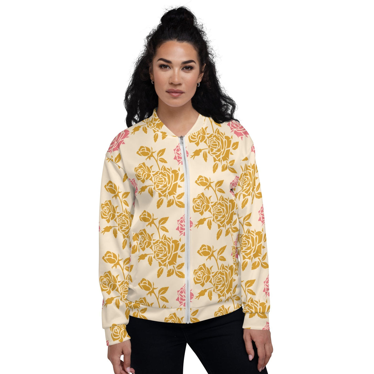 Good Wishes 365 unisex bomber jacket in cream with vintage golden and pink rose floral print and ribbed collar