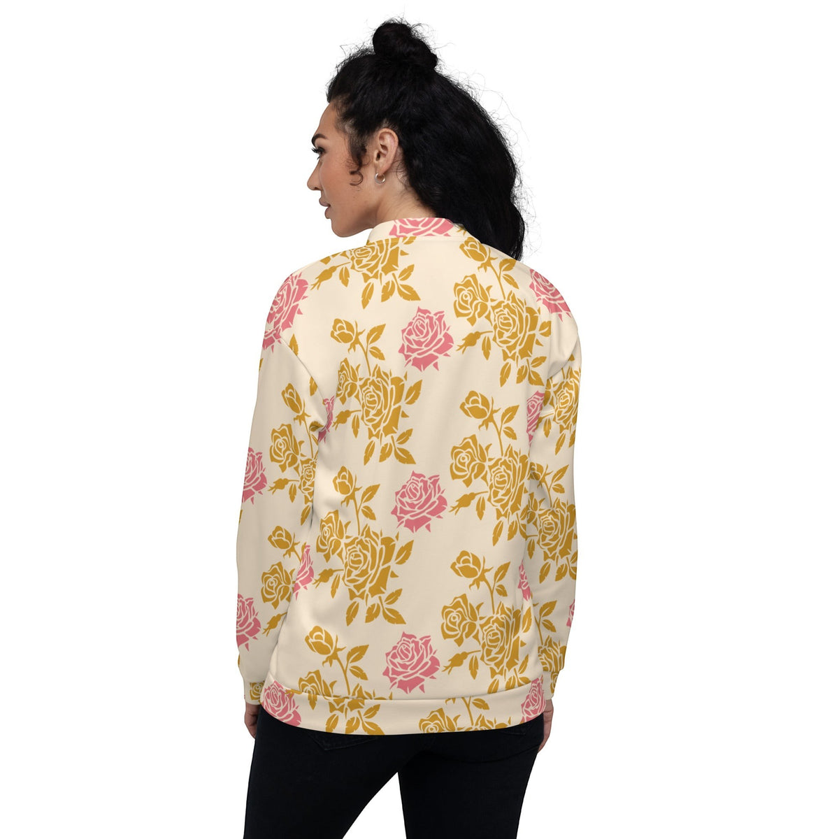 Good Wishes 365 unisex bomber jacket featuring a cream base with pink and golden vintage rose floral print, back view.