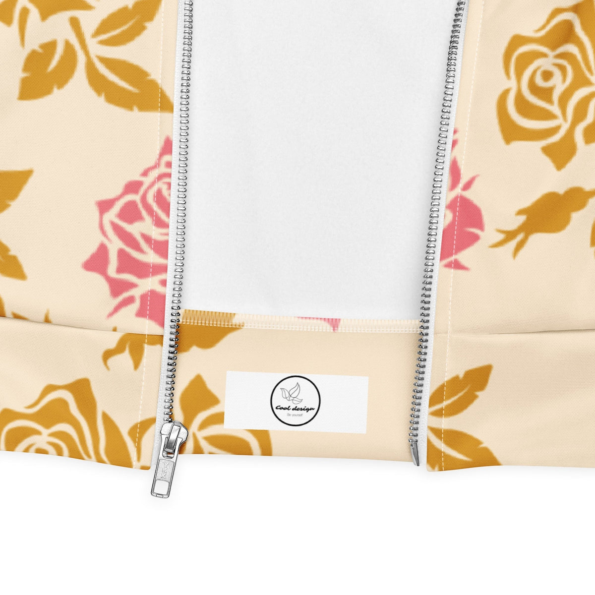 Good Wishes 365 cream bomber jacket with pink and golden rose floral print, featuring a silver front zipper closure.