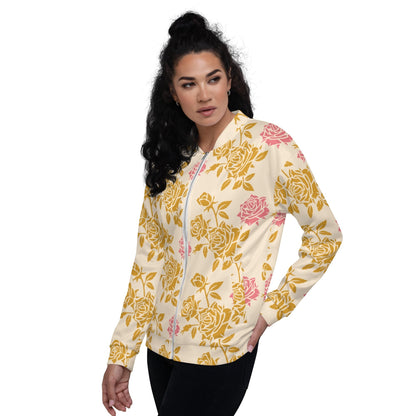 Good Wishes 365 unisex bomber jacket in cream with golden and pink vintage rose floral print and ribbed collar