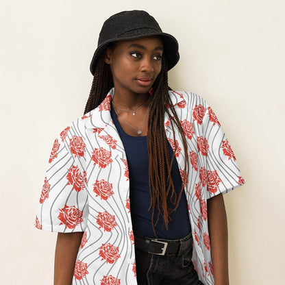 Model wearing a Good Wishes 365 unisex button-up shirt with a red rose and wavy line print on a white background.
