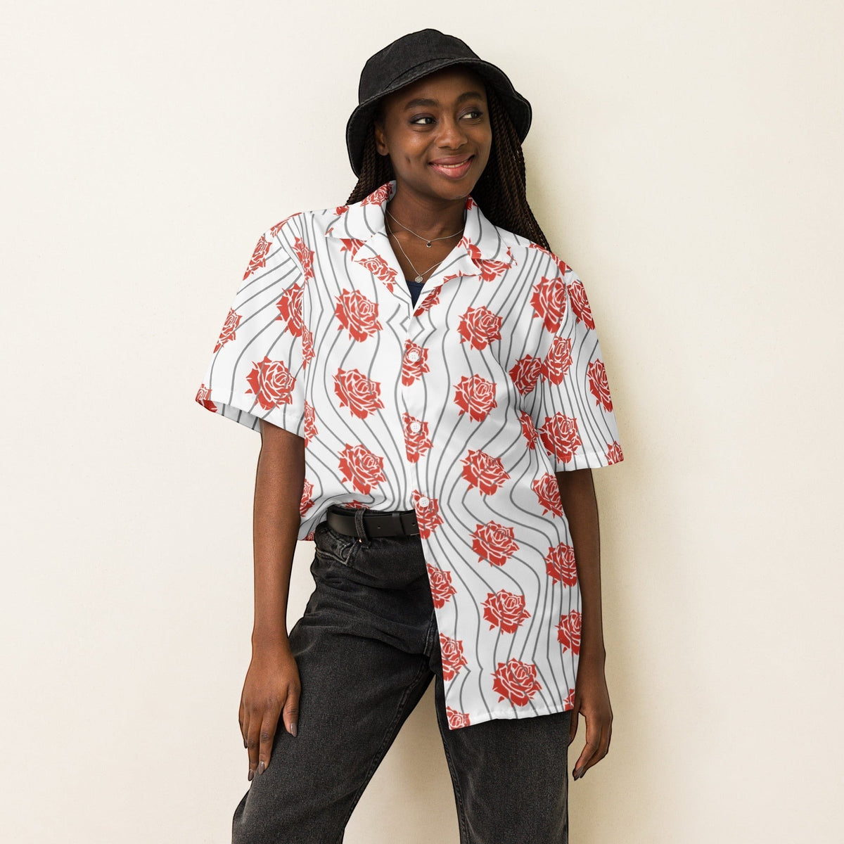 Good Wishes 365 unisex button-up shirt with red rose floral print and wavy lines on a white background