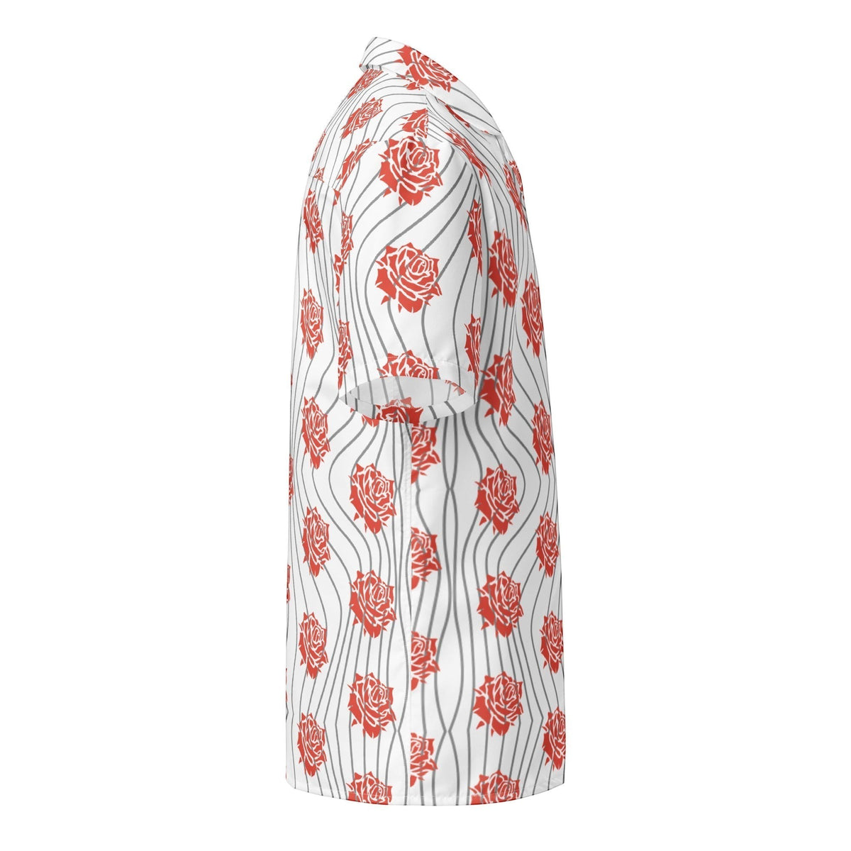 Good Wishes 365 unisex button up shirt featuring a retro red rose floral print with wavy lines on a white background.