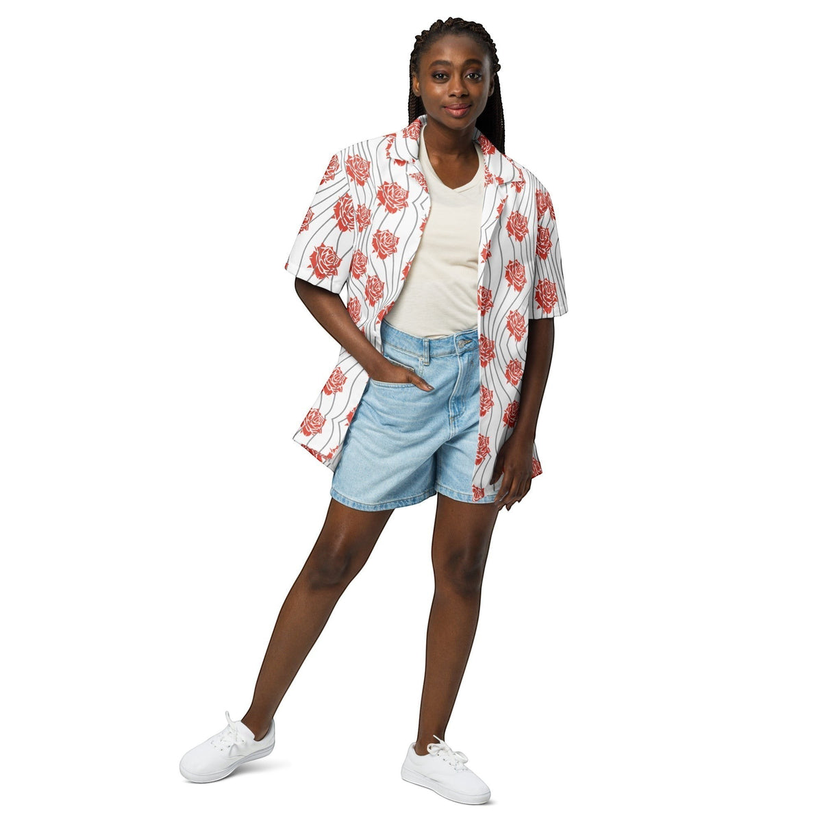 Good Wishes 365 unisex button-up shirt with red rose floral print on white, worn by a model with denim shorts.