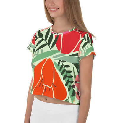 Good Wishes 365 women's crop tee featuring a mint green background with red and orange floral patterns.