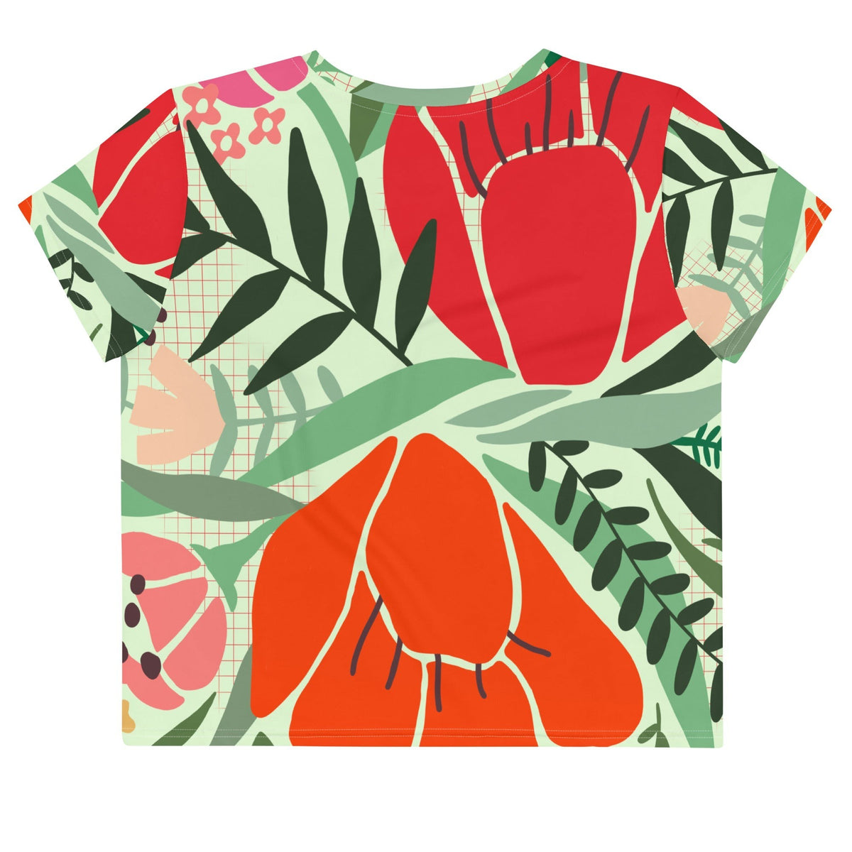 Good Wishes 365 mint green crop tee with a vibrant red and orange floral pattern in a premium stretch jersey fabric.