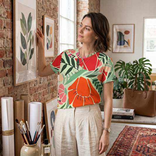 Good Wishes 365 mint crop tee with red and orange floral print worn by a woman in an art studio setting.
