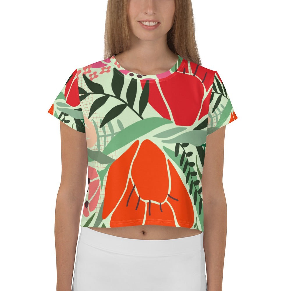 Good Wishes 365 mint green crop tee featuring a vibrant red and orange floral print on stretchy polyester jersey.