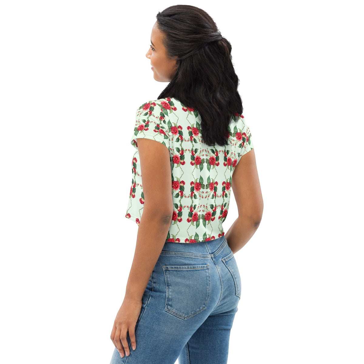 Good Wishes 365 mint green crop tee with red rose print worn by a woman, back view, premium stretch jersey fabric.