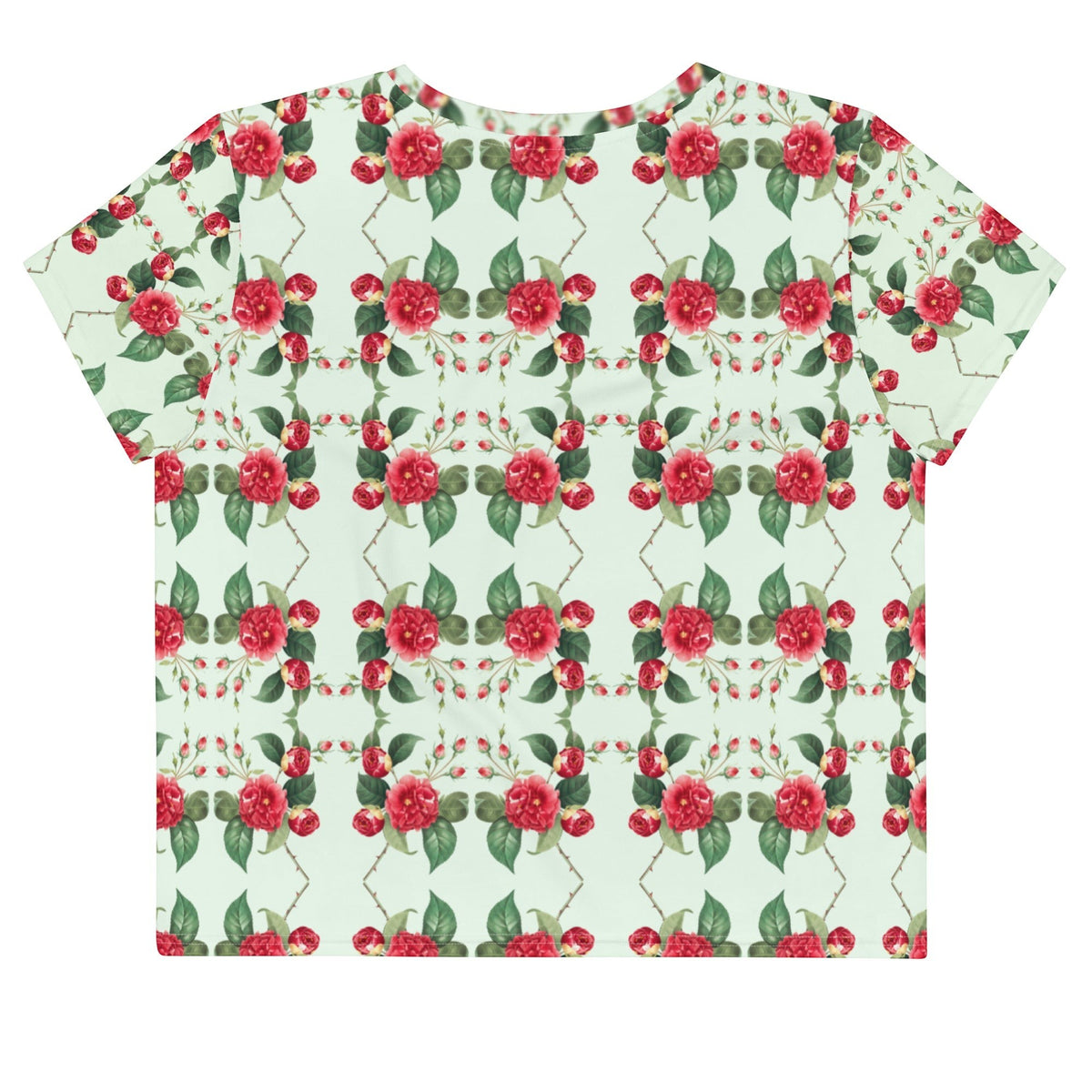 Good Wishes 365 mint green crop tee with a red rose floral and geometric grid pattern, back view.