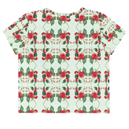Good Wishes 365 mint green crop tee with a red rose floral and geometric grid pattern, back view.