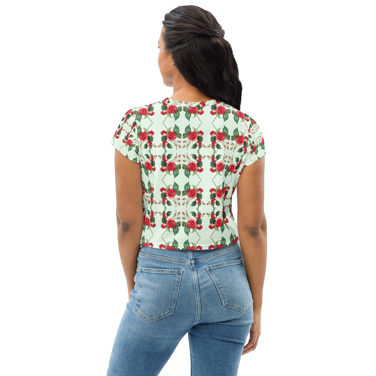 Good Wishes 365 mint green crop tee with red rose floral geometric grid print worn by a woman from the back view.