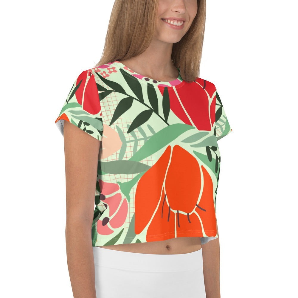 Good Wishes 365 mint crop tee with a vibrant red and orange floral print on premium stretch jersey fabric.
