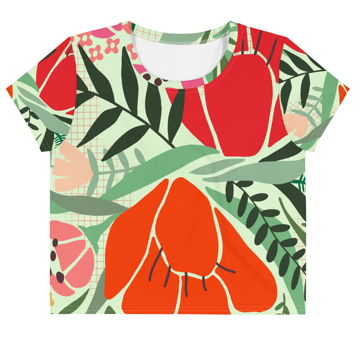 Good Wishes 365 mint green crop tee featuring a vibrant red and orange floral pattern with four-way stretch jersey.