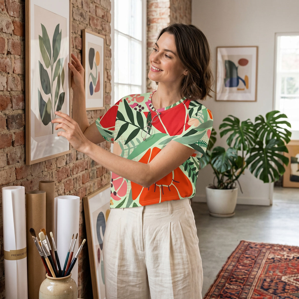 Woman wearing a Good Wishes 365 mint crop tee with red and orange floral print, hanging art in a bright studio.