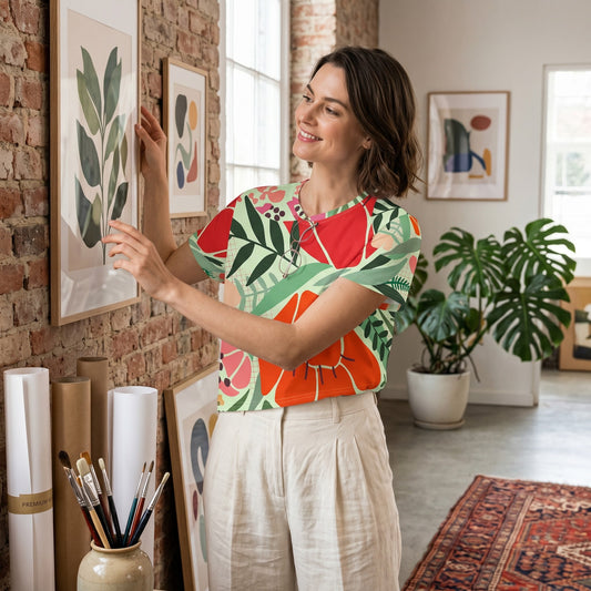 Woman wearing a Good Wishes 365 mint crop tee with red and orange floral print, hanging art in a bright studio.