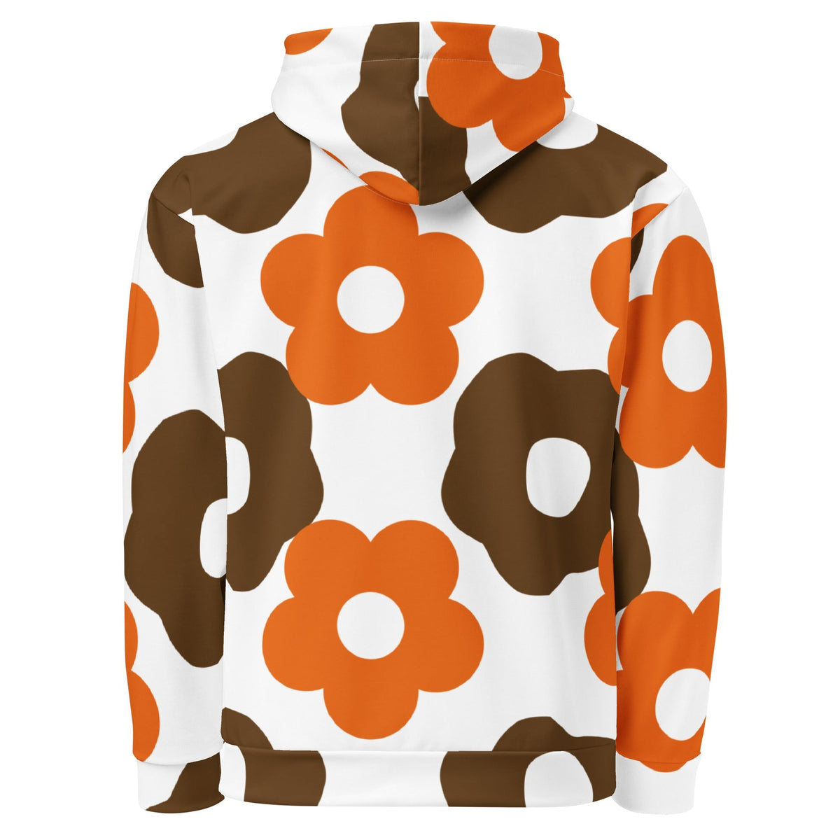Back view of Good Wishes 365 recycled hoodie featuring a retro brown and orange floral all-over print on white fabric.