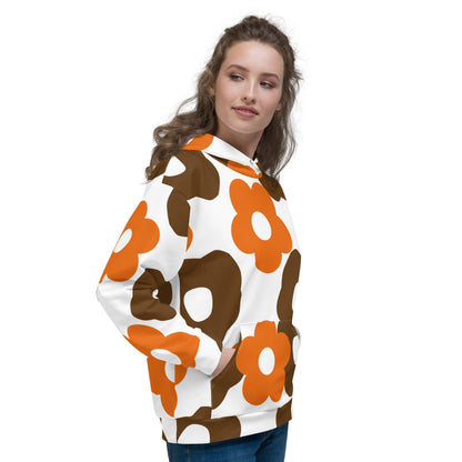 Good Wishes 365 recycled hoodie with retro brown and orange floral print worn by a woman in a relaxed unisex fit