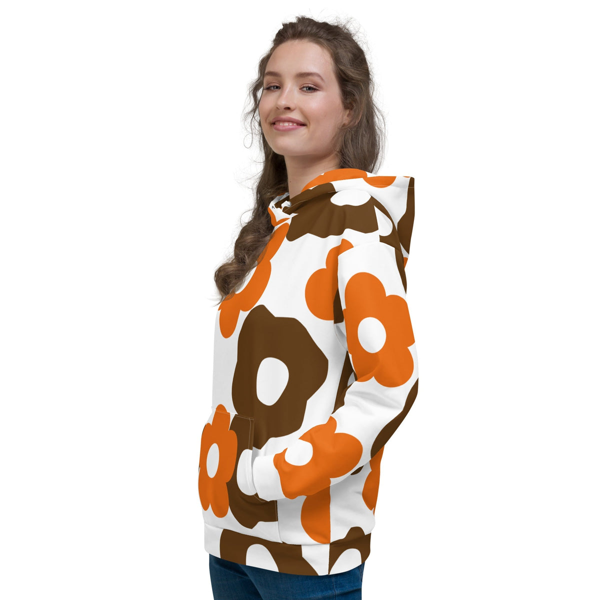 Good Wishes 365 recycled hoodie with retro brown and orange floral print, featuring a kangaroo pocket and hood.