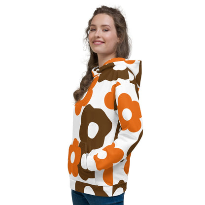 Good Wishes 365 recycled hoodie with retro brown and orange floral print, featuring a kangaroo pocket and hood.