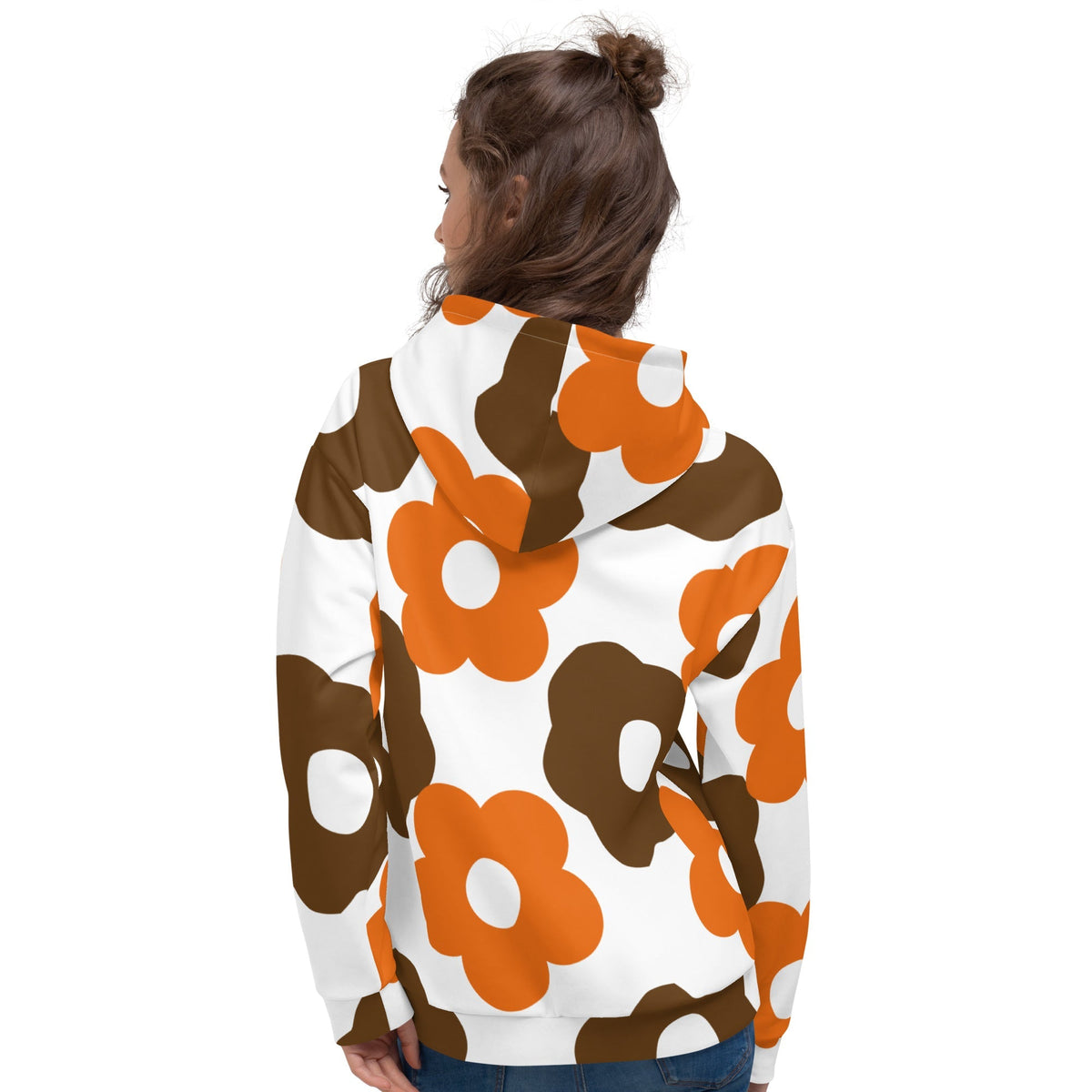 Good Wishes 365 recycled hoodie with a retro brown and orange floral print, shown from the back on a woman.