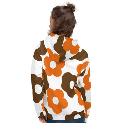 Good Wishes 365 recycled hoodie with a retro brown and orange floral print, shown from the back on a woman.