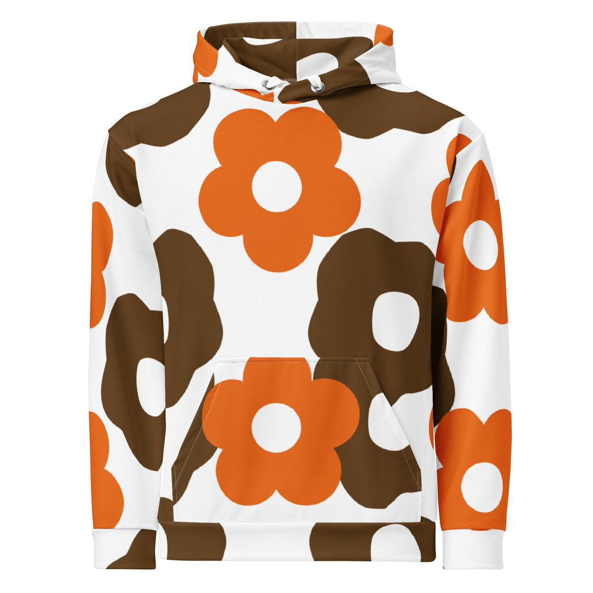 Good Wishes 365 recycled hoodie featuring a retro brown and orange floral all-over print with a kangaroo pocket.