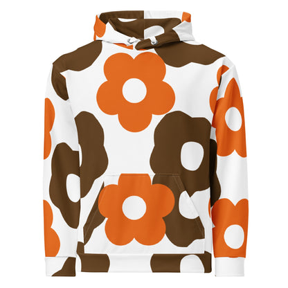 Good Wishes 365 recycled hoodie featuring a retro brown and orange floral all-over print with a kangaroo pocket.